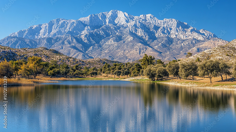 Fototapeta premium breathtaking view of a serene mountain range with a large, reflective body of water below, capturing the tranquil harmony of nature. The scene embodies peace, inspiration, and the majesty of the great