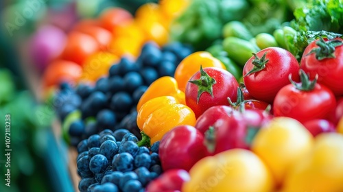 A bustling market stall with colorful displays of fresh fruits, vegetables, and local products, capturing the vibrancy and community spirit of open air markets.