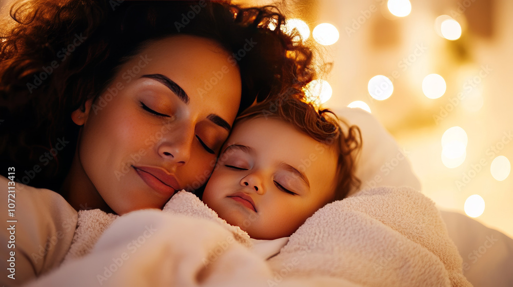 Mother and daughter sleep soundly, bathed in warm light. Mother and daughter sleep soundly, bathed in warm light.