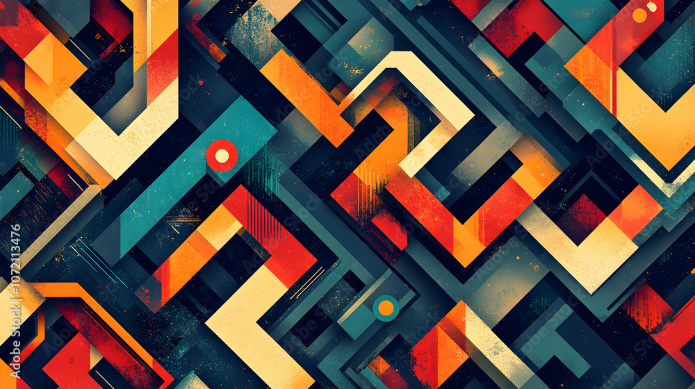 Abstract geometric pattern with vibrant colors and a textured background. Abstract geometric pattern with vibrant colors and a textured background.