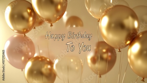 3D rendering of gold and beige balloons with the text 