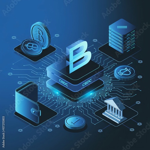Digital bank issuing CBDC: Central Bank Digital Currency for transactions. CBDC glowing hologram with bank icon and circuit board, digital payment