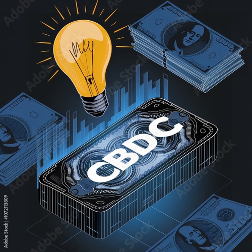 Digital bank issuing CBDC: Central Bank Digital Currency for transactions. CBDC glowing hologram with bank icon and circuit board, digital payment