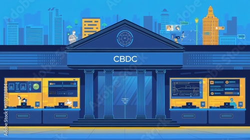 Digital bank issuing CBDC: Central Bank Digital Currency for transactions. CBDC glowing hologram with bank icon and circuit board, digital payment