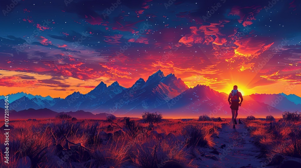 Fototapeta premium A runner moves along a dirt trail as the sun sets behind the mountains. The air is cool, and the sky is ablaze with oranges and purples, making the runner feel alive and energized