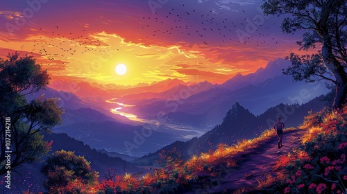 A runner moves along a dirt trail as the sun sets behind the mountains. The air is cool, and the sky is ablaze with oranges and purples, making the runner feel alive and energized