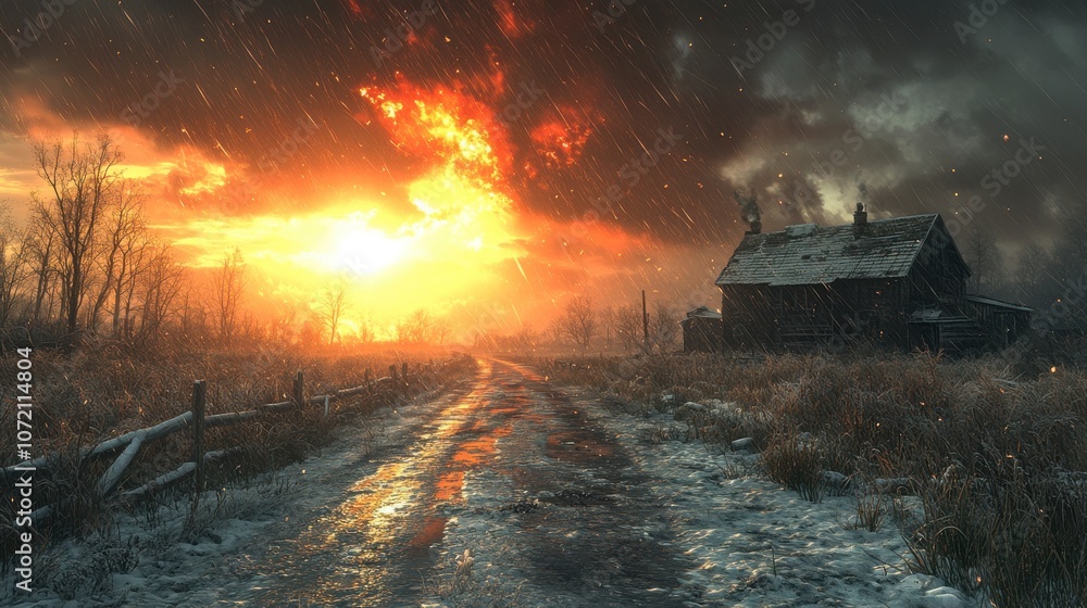 Fototapeta premium Winter Stormy Sunset Over a Rustic Farm