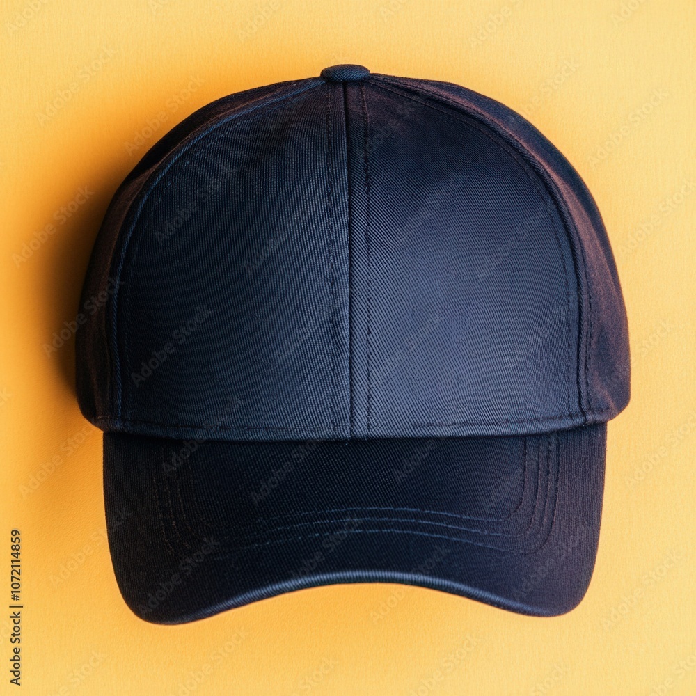 A dark navy cap displayed against a vibrant yellow background, showcasing its clean design and smooth texture in natural light A dark navy cap displayed against a vibrant yellow background, showcasing its clean design and smooth texture in natural light