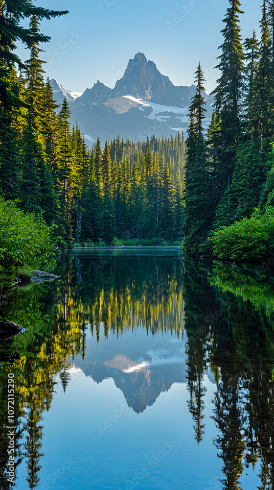 Serene mountain lake with a reflection of a snow-capped peak on a calm blue water surface. Serene mountain lake with a reflection of a snow-capped peak on a calm blue water surface.