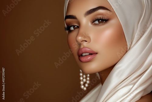 A woman with brown eyes and a white scarf on her head