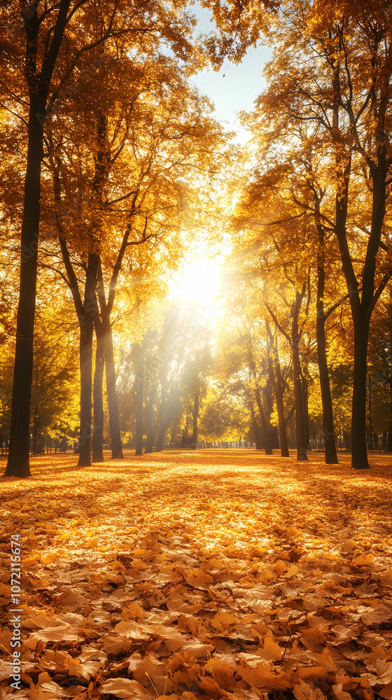 Fototapeta premium Sunbeams shining through golden autumn leaves in a park.