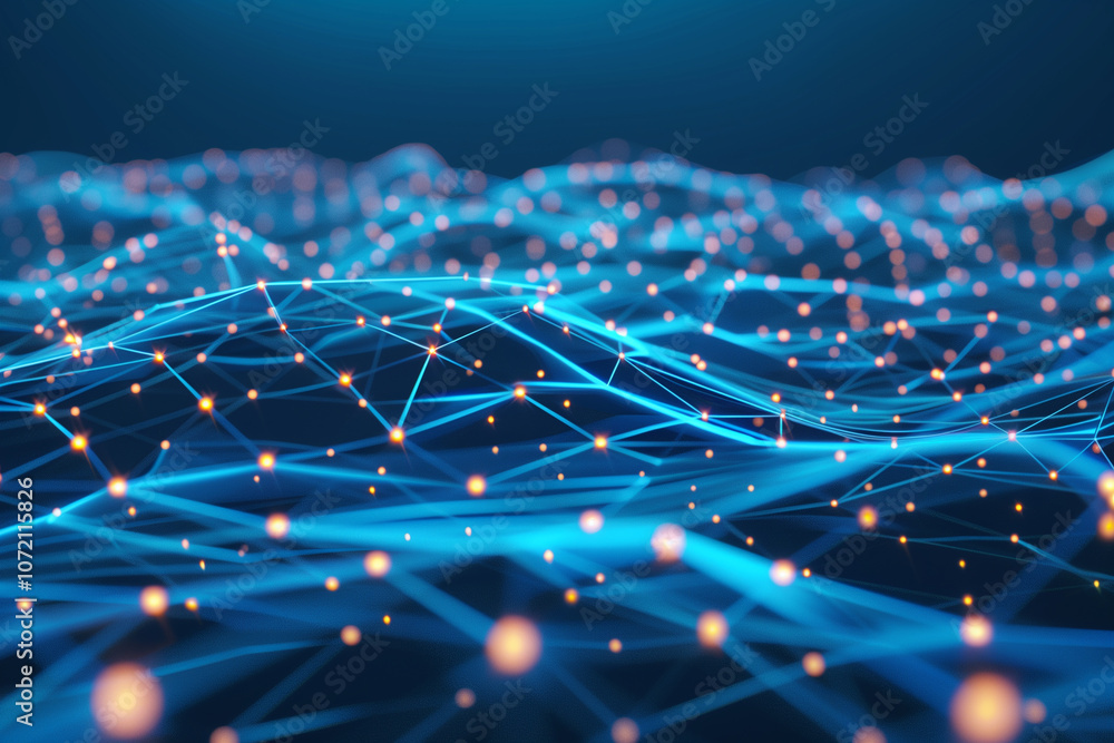 Obraz premium Futuristic digital grid with neon blue lines, circuits, and glowing data nodes, creating a high-tech cyber atmosphere. technology background wallpaper 