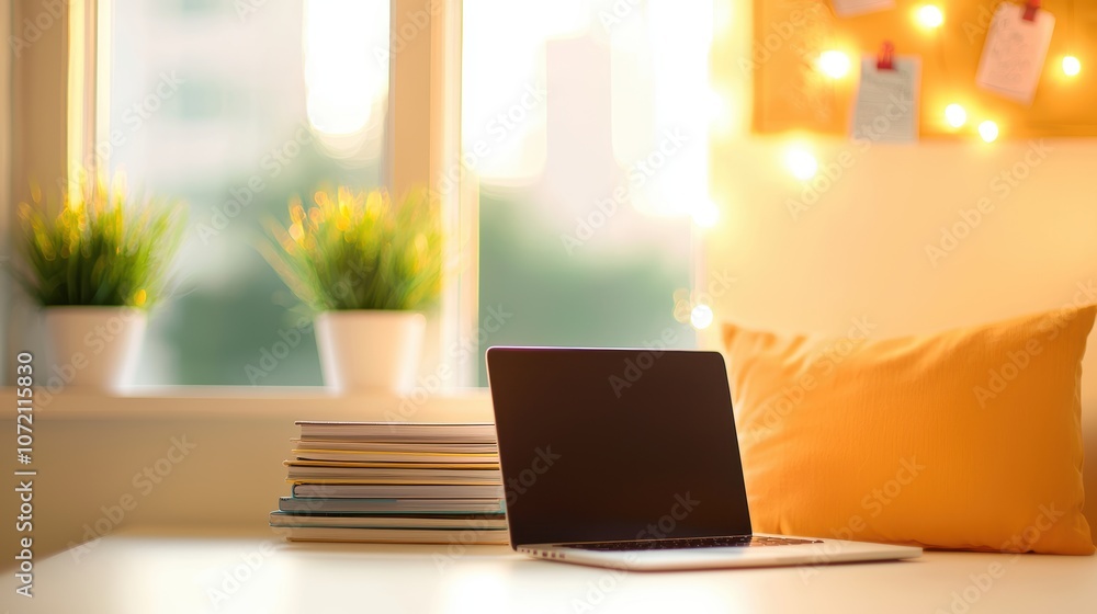 A student desk in a dorm room, showcasing a laptop, a stack of textbooks, a bulletin board with notes and reminders, and a personalized touch with photos and mementos. A student desk in a dorm room, showcasing a laptop, a stack of textbooks, a bulletin board with notes and reminders, and a personalized touch with photos and mementos.
