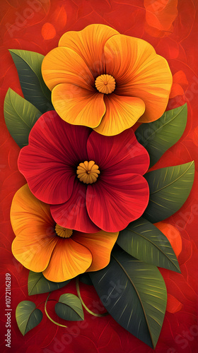 Wallpaper Mural Three vibrant flowers in red, orange and yellow shades, with green leaves on a red background. Torontodigital.ca