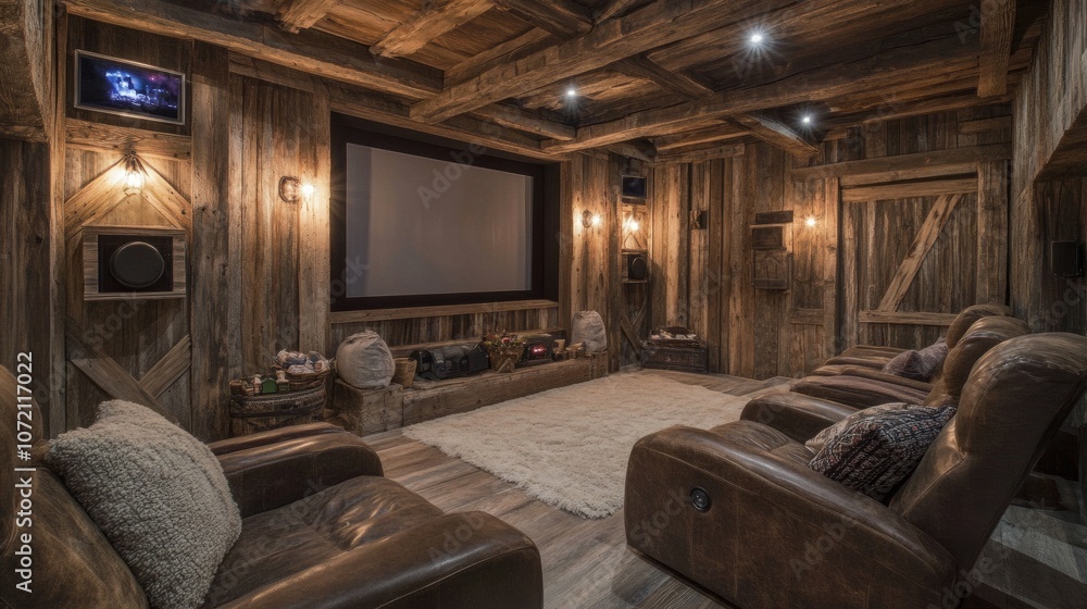 Fototapeta premium A spacious cinema room with rustic wood elements, deep leather recliners, and a high-definition screen, blending comfort with modern technology