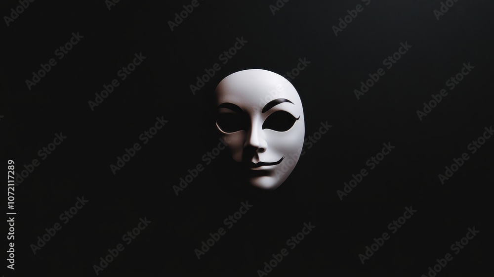 A close-up of a white theatrical mask with a serene expression against a dark background. A close-up of a white theatrical mask with a serene expression against a dark background.
