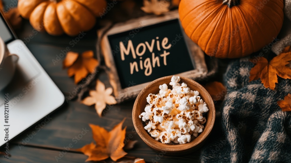 A cozy autumn setting perfect for movie night, featuring a rustic table with pumpkins, fall leaves, a Movie Night sign, popcorn, a knitted blanket, and a laptop for a relaxed vibe. A cozy autumn setting perfect for movie night, featuring a rustic table with pumpkins, fall leaves, a Movie Night sign, popcorn, a knitted blanket, and a laptop for a relaxed vibe.