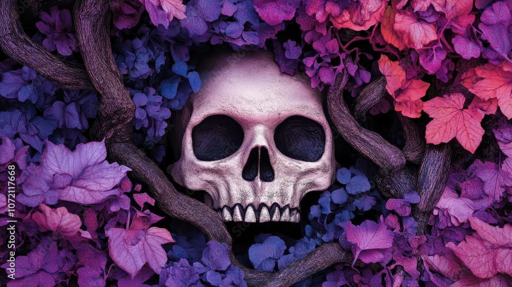 A composition of a realistic skull surrounded by vibrant foliage. Deep purples, blues, and pinks create a mystical atmosphere, evoking themes of nature and mortality. A composition of a realistic skull surrounded by vibrant foliage. Deep purples, blues, and pinks create a mystical atmosphere, evoking themes of nature and mortality.