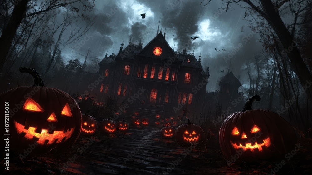 A haunting full moon night on Halloween features a winding path of glowing jack-o'-lanterns. An eerie mansion looms under a stormy sky, surrounded by twisted trees and bats. A haunting full moon night on Halloween features a winding path of glowing jack-o'-lanterns. An eerie mansion looms under a stormy sky, surrounded by twisted trees and bats.