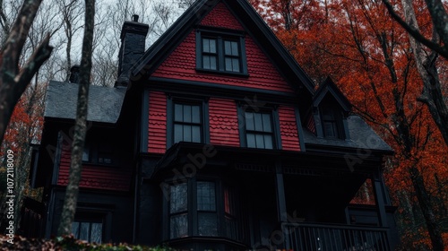 A gothic-style house rises amid vibrant autumn foliage, featuring dark red wood siding and intricate shingle details.