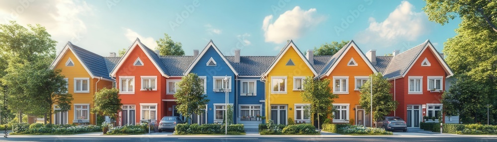 A vibrant row of colorful houses with varied designs, nestled among greenery under a sunny sky. A vibrant row of colorful houses with varied designs, nestled among greenery under a sunny sky.