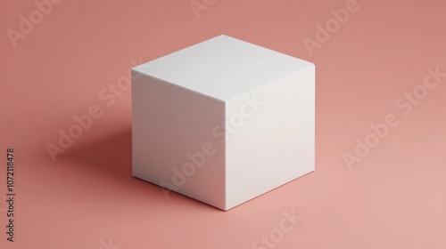 A simple white cube sits on a soft pink background, showcasing minimalist design and geometric elegance.