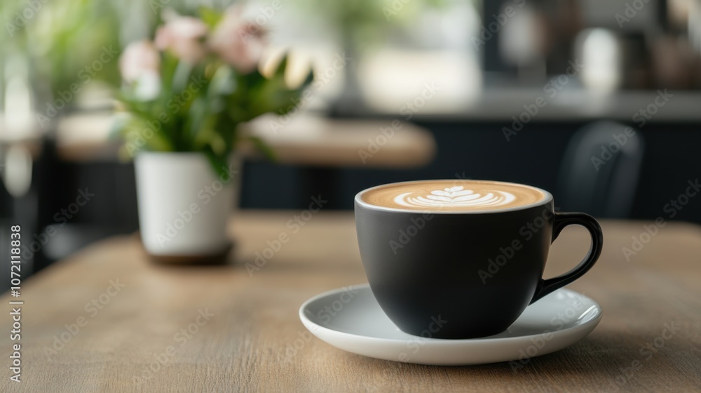 A cozy scene featuring a black cup of latte art on a saucer, set on a wooden table beside a small vase of flowers. A cozy scene featuring a black cup of latte art on a saucer, set on a wooden table beside a small vase of flowers.