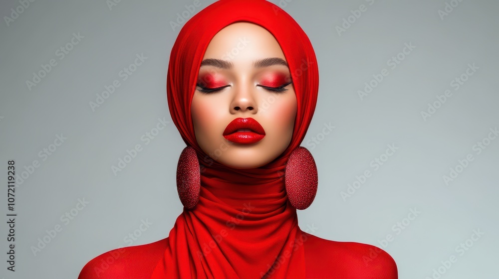 A striking portrait of a model in vibrant red tones, featuring a matching hijab, elegant outfit, bold makeup, and large earrings, set against a soft background, perfect for fashion content. A striking portrait of a model in vibrant red tones, featuring a matching hijab, elegant outfit, bold makeup, and large earrings, set against a soft background, perfect for fashion content.