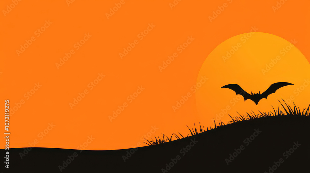A striking silhouette of a bat against a vibrant orange sunset, with dark hills enhancing the eerie atmosphere. Perfect for Halloween-themed visuals and promotions. A striking silhouette of a bat against a vibrant orange sunset, with dark hills enhancing the eerie atmosphere. Perfect for Halloween-themed visuals and promotions.
