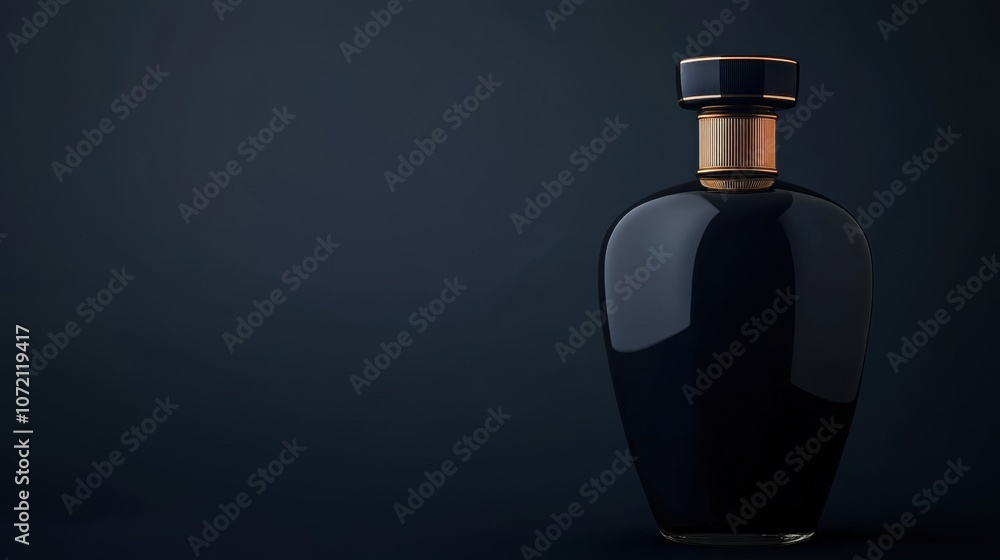 A sleek black perfume bottle with a shiny gold cap, set against a dark background, exuding elegance and sophistication. A sleek black perfume bottle with a shiny gold cap, set against a dark background, exuding elegance and sophistication.