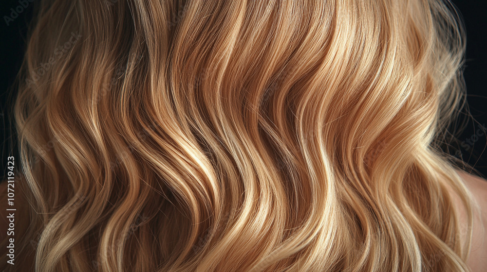 Naklejka premium Close-up of blonde hair strands with warm, golden tones. This detailed texture captures the light and movement, symbolizing beauty, vitality, and the elegance of natural hair in a soft and radiant way