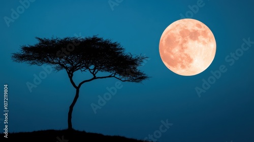 A tranquil landscape showcases a solitary tree silhouetted against a deep blue twilight sky, with a glowing full moon above. Ideal for themes of nature and relaxation.