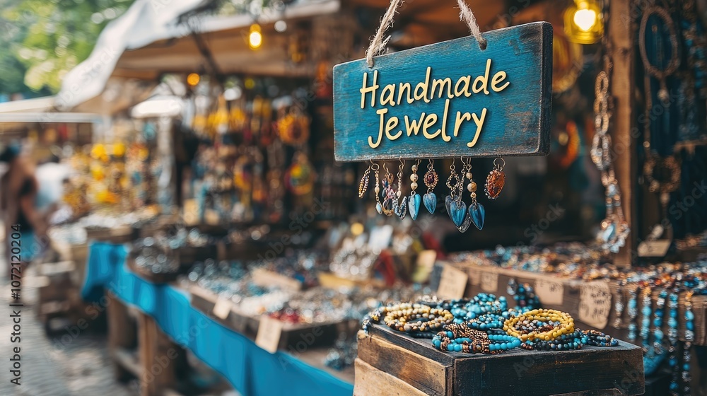 Fototapeta premium A stall at a market selling handmade jewelry with a sign that reads 