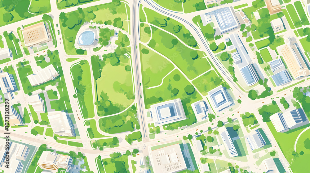 Fototapeta premium Aerial view of a city with a park and buildings.