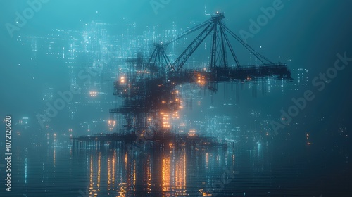 An offshore oil rig is silhouetted against a futuristic cityscape with glowing lights.