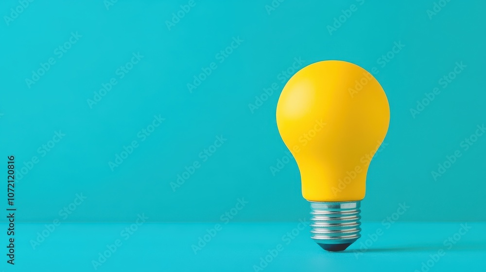 A whimsical, modern light bulb design showcases a vibrant yellow bulb on a metallic base, set against a soothing turquoise background, symbolizing creativity and innovation.