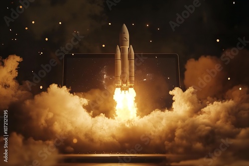 3D rocket launch from a laptop screen with smoke and sparks photo