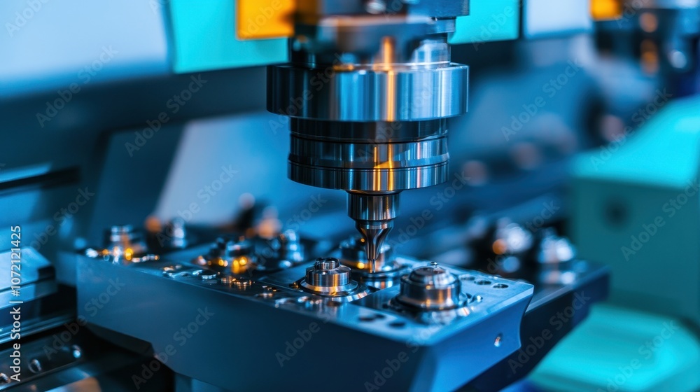 High-resolution close-up of a CNC machining process, highlighting a high-speed metal cutting tool shaping a metallic workpiece amidst advanced machinery in a modern facility.