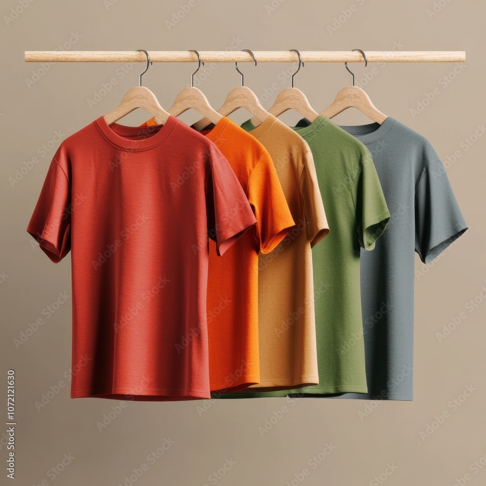 Four colorful t-shirts hanging on hangers, showcasing a variety of earthy tones against a neutral background. Four colorful t-shirts hanging on hangers, showcasing a variety of earthy tones against a neutral background.