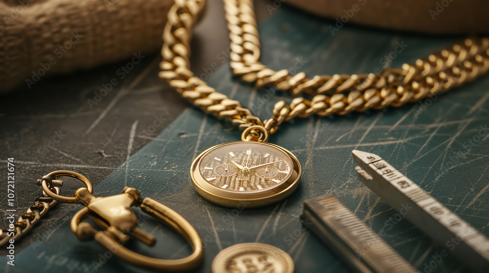 Luxurious gold necklace displayed with measuring tools, symbolizing precise fortune Luxurious gold necklace displayed with measuring tools, symbolizing precise fortune