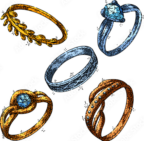 ring jewelry set hand drawn. platinum gemstone, engagement wedding, eternity solitaire ring jewelry vector sketch. isolated color illustration