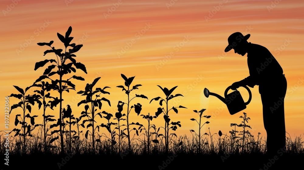 A silhouette of a person watering plants at sunset, symbolizing growth and nurturing. A silhouette of a person watering plants at sunset, symbolizing growth and nurturing.