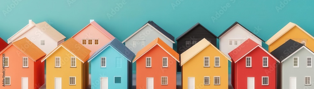 A colorful row of miniature houses against a teal background, showcasing different shapes and vibrant hues, creating a whimsical and cozy atmosphere. A colorful row of miniature houses against a teal background, showcasing different shapes and vibrant hues, creating a whimsical and cozy atmosphere.