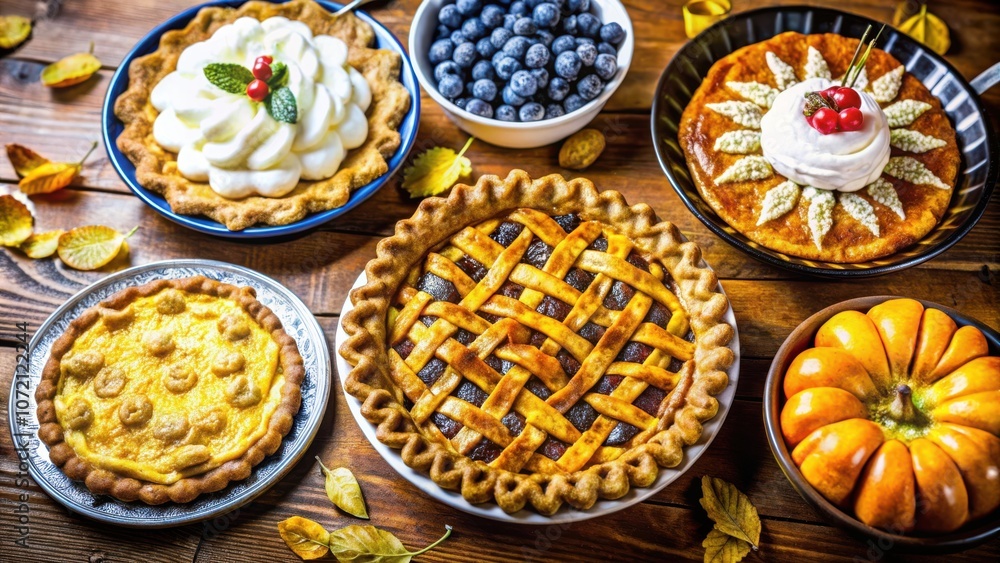 Autumnal Feast A Table Spread with Decadent Pies, Sweet Treats, and Autumnal Accents Autumnal Feast A Table Spread with Decadent Pies, Sweet Treats, and Autumnal Accents