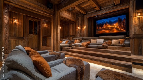 Wallpaper Mural Sophisticated rustic home cinema with warm lighting, wood-paneled walls, and comfortable recliners, merging modern tech with cozy aesthetics. Torontodigital.ca
