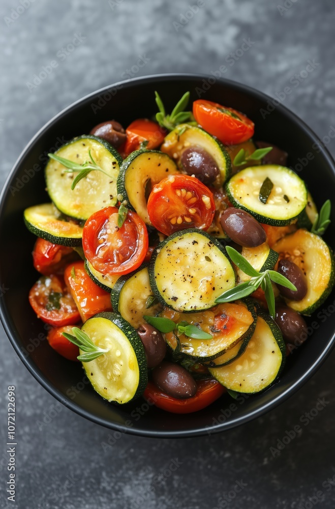 A bowl of vegetables with tomatoes and zucchini A bowl of vegetables with tomatoes and zucchini
