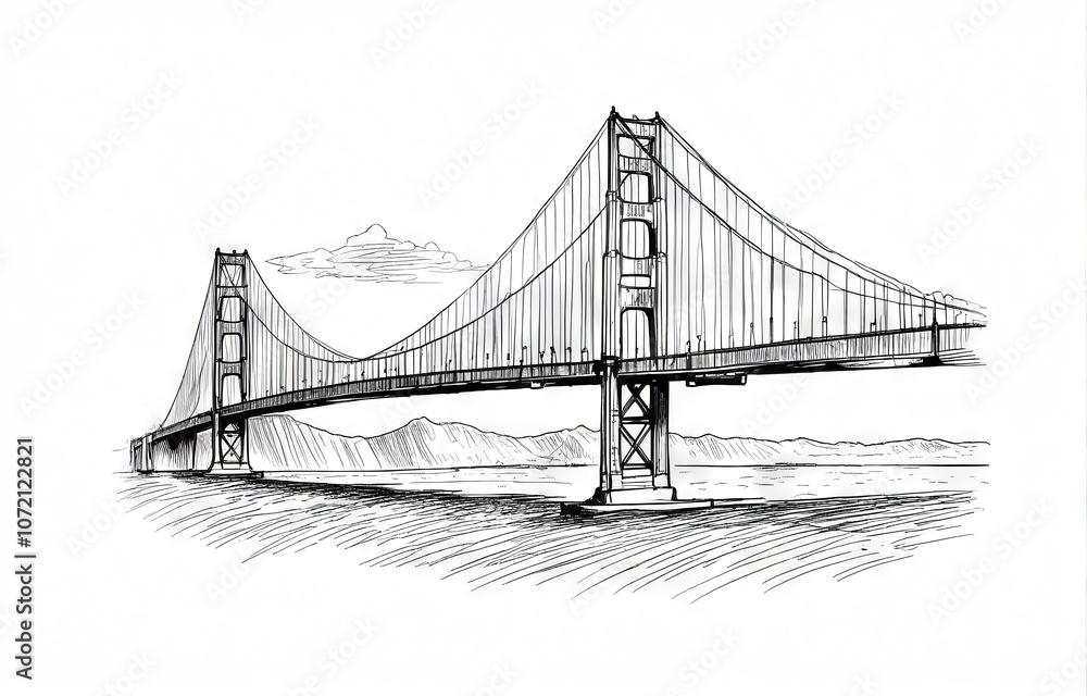 An artistic sketch of a famous suspension bridge at twilight showcasing the intricate details of its structure and surrounding landscape An artistic sketch of a famous suspension bridge at twilight showcasing the intricate details of its structure and surrounding landscape