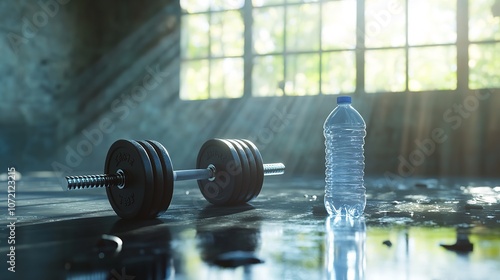 3D sports equipment, dumbbells, plastic bottle. The concept of fitness and exercise photo