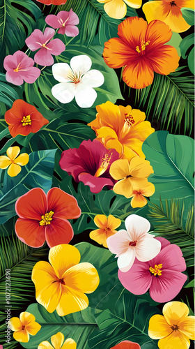 Vibrant tropical floral pattern with colorful hibiscus, plumeria, and lush green foliage.
