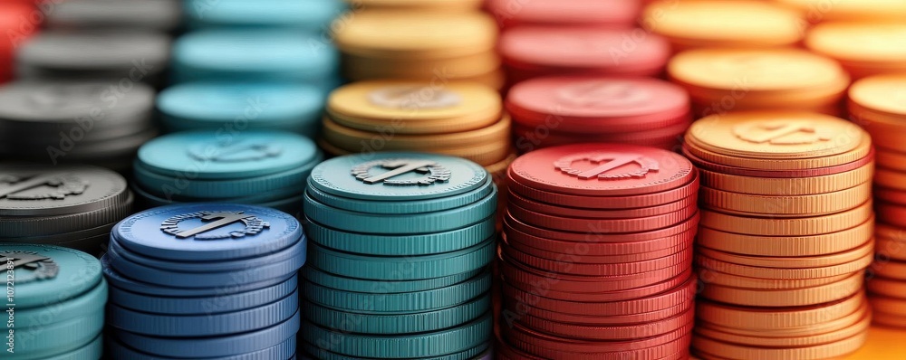 A colorful arrangement of stacks of gaming tokens or coins in various shades, showcasing vibrant hues and a playful design. A colorful arrangement of stacks of gaming tokens or coins in various shades, showcasing vibrant hues and a playful design.